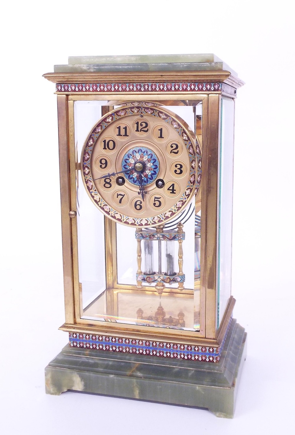 French green onyx and cloisonne four glass two train mantel clock striking on a gong, the 3.5"