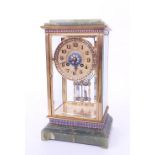 French green onyx and cloisonne four glass two train mantel clock striking on a gong, the 3.5"