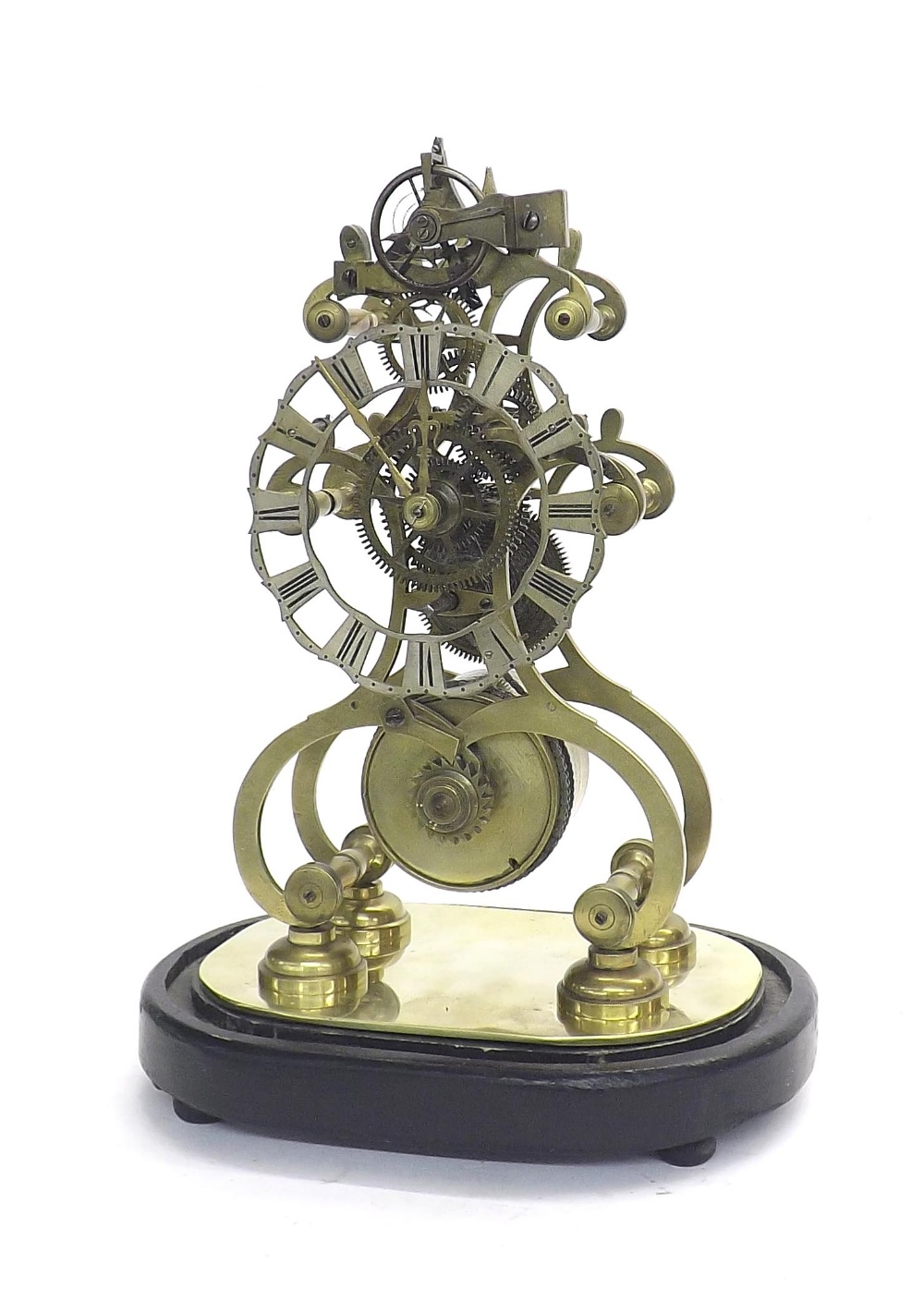 Interesting brass single fusee skeleton clock, with unusual balance type escapement, the 4" - Image 2 of 4