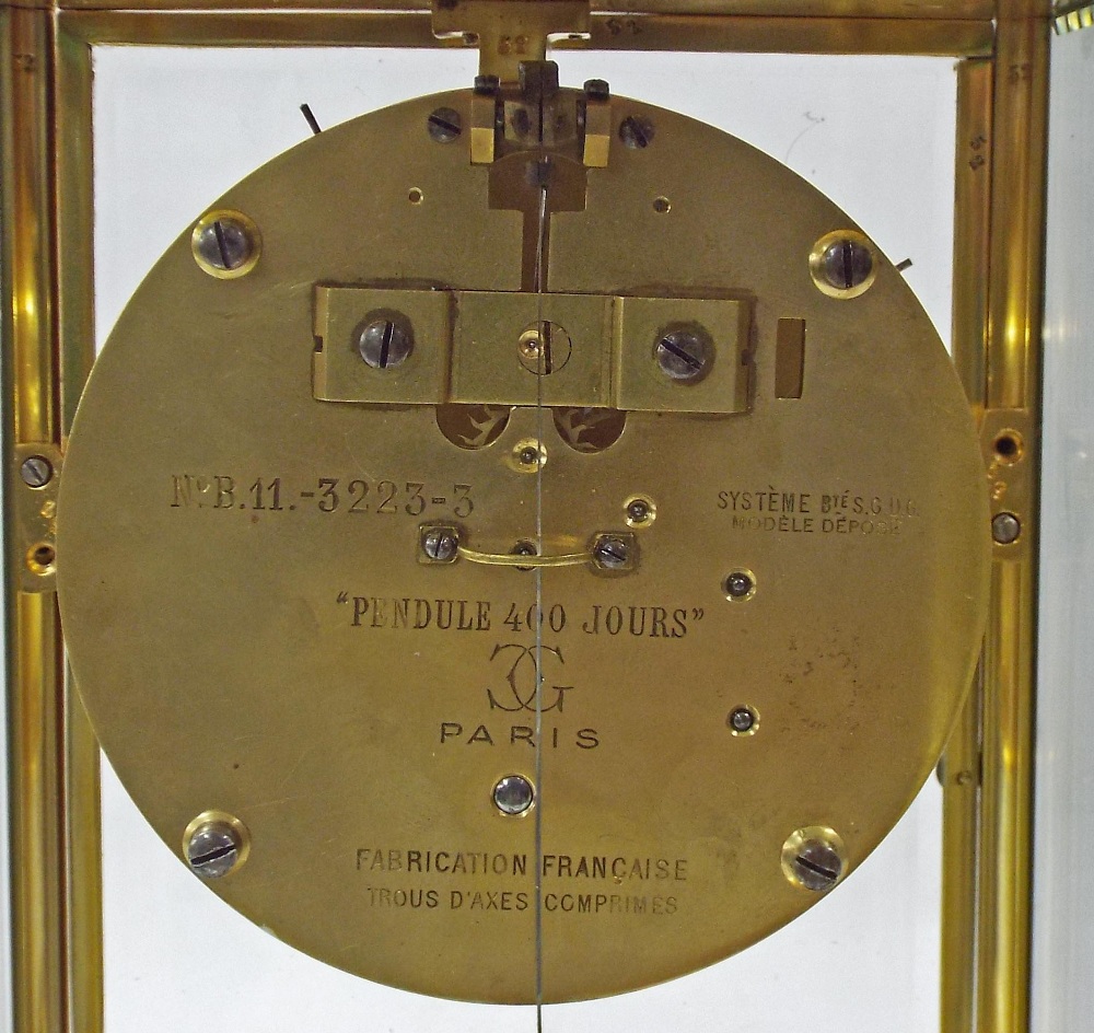 French brass torsion four glass mantel clock, the 3.5" white dial and back plate inscribed ' - Image 3 of 3