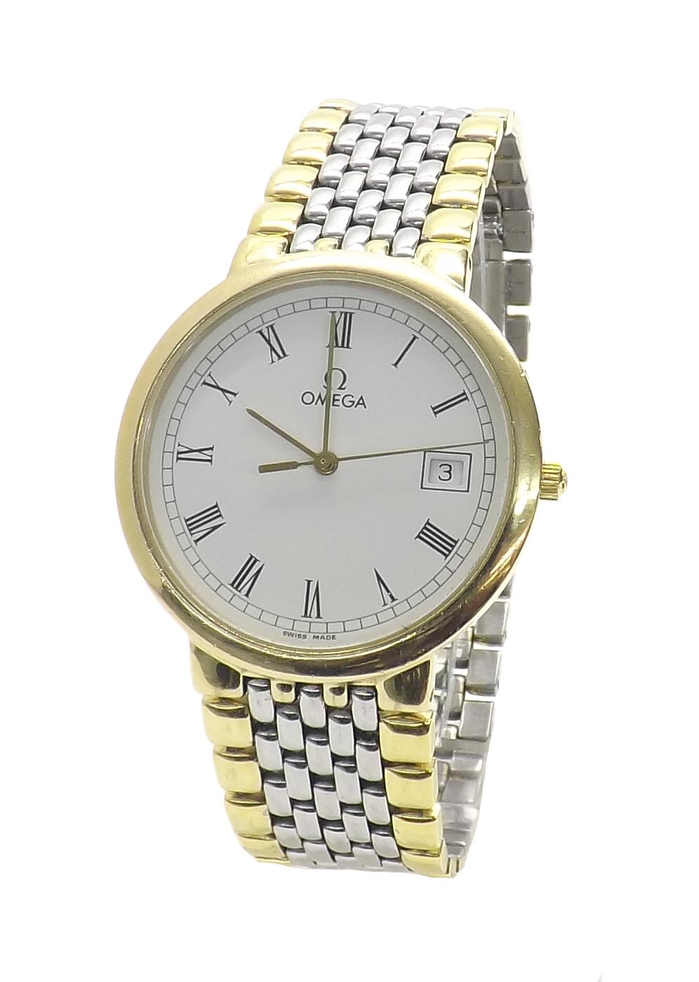 (UVLX5U) Omega bicolour quartz gentleman's dress bracelet watch, circa 1991/2, the white dial with