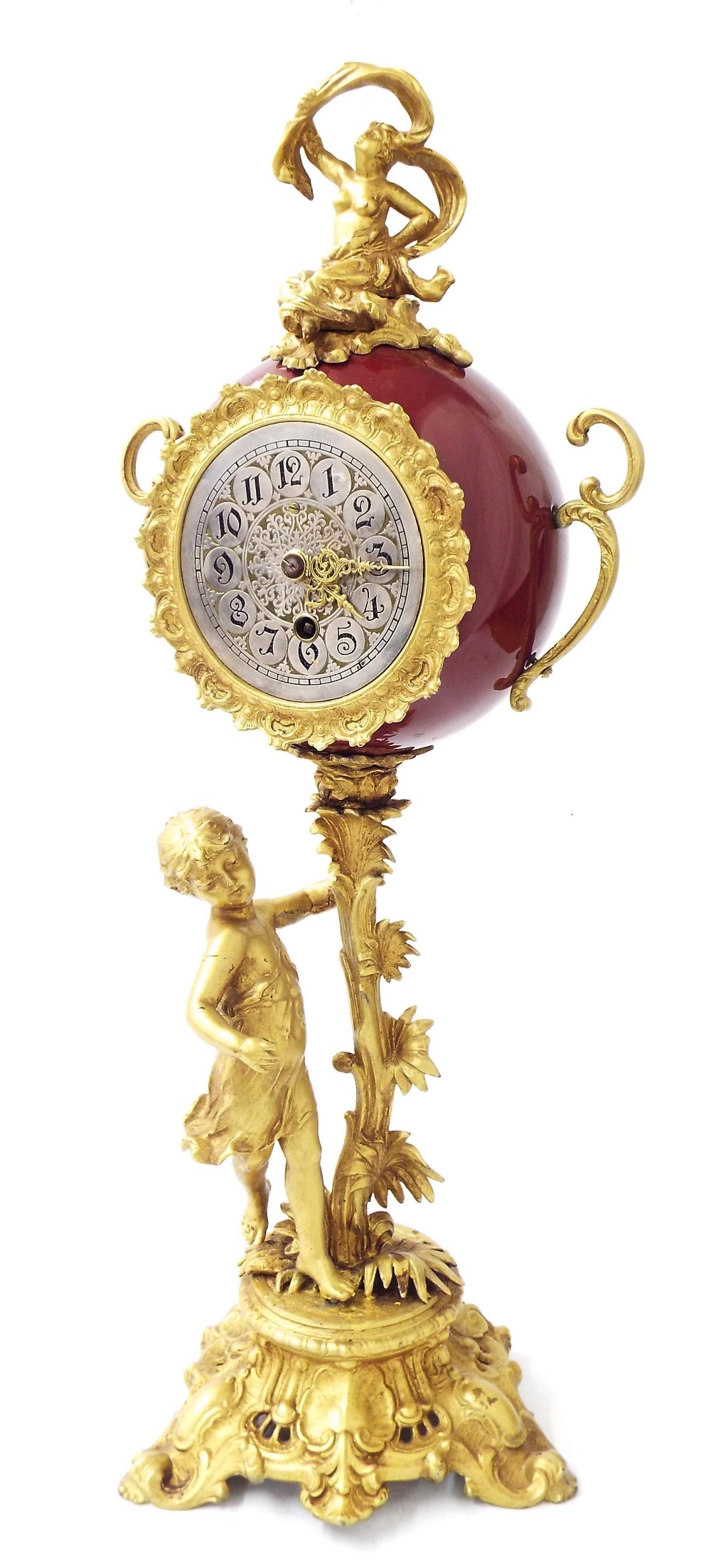 Unusual pottery and gilt metal figural mantel clock timepiece with Lenzkirch movement, the 4"