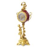 Unusual pottery and gilt metal figural mantel clock timepiece with Lenzkirch movement, the 4"