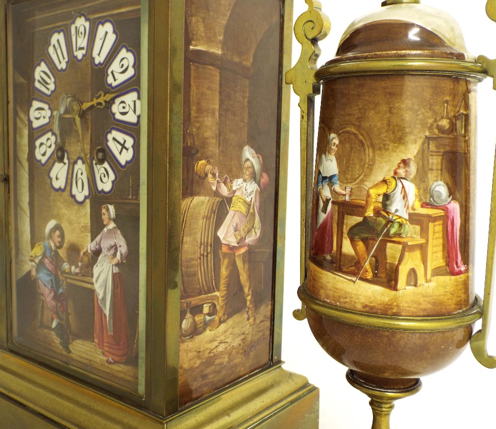 Brass and porcelain panelled two train mantel clock garniture striking on a gong, the front and side - Image 4 of 4