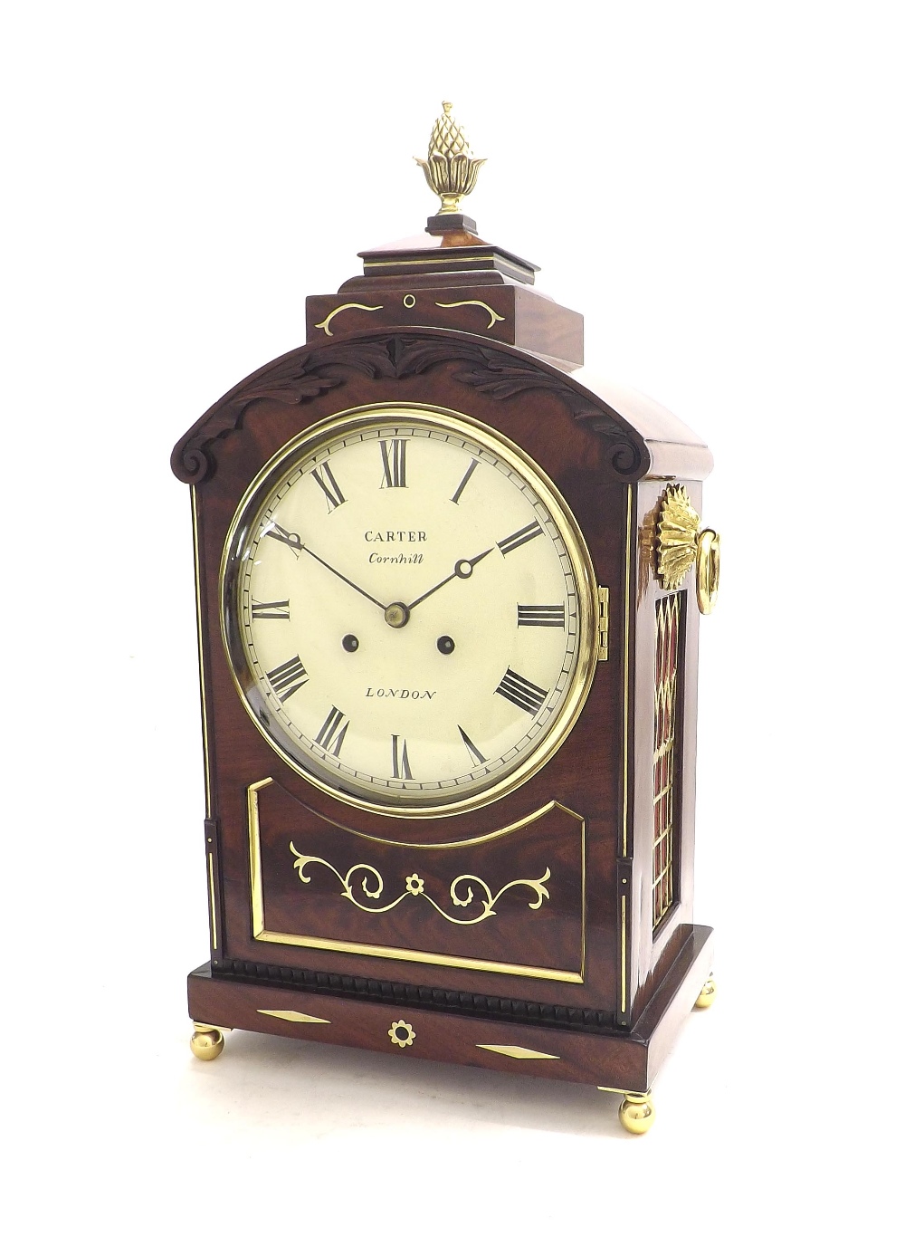 English mahogany double fusee bracket clock striking on a bell, the 8" dial signed Carter, Cornhill,