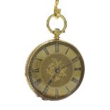 Swiss cylinder 18k engraved fob watch, gilt bar movement, the gilt engraved foliate dial with