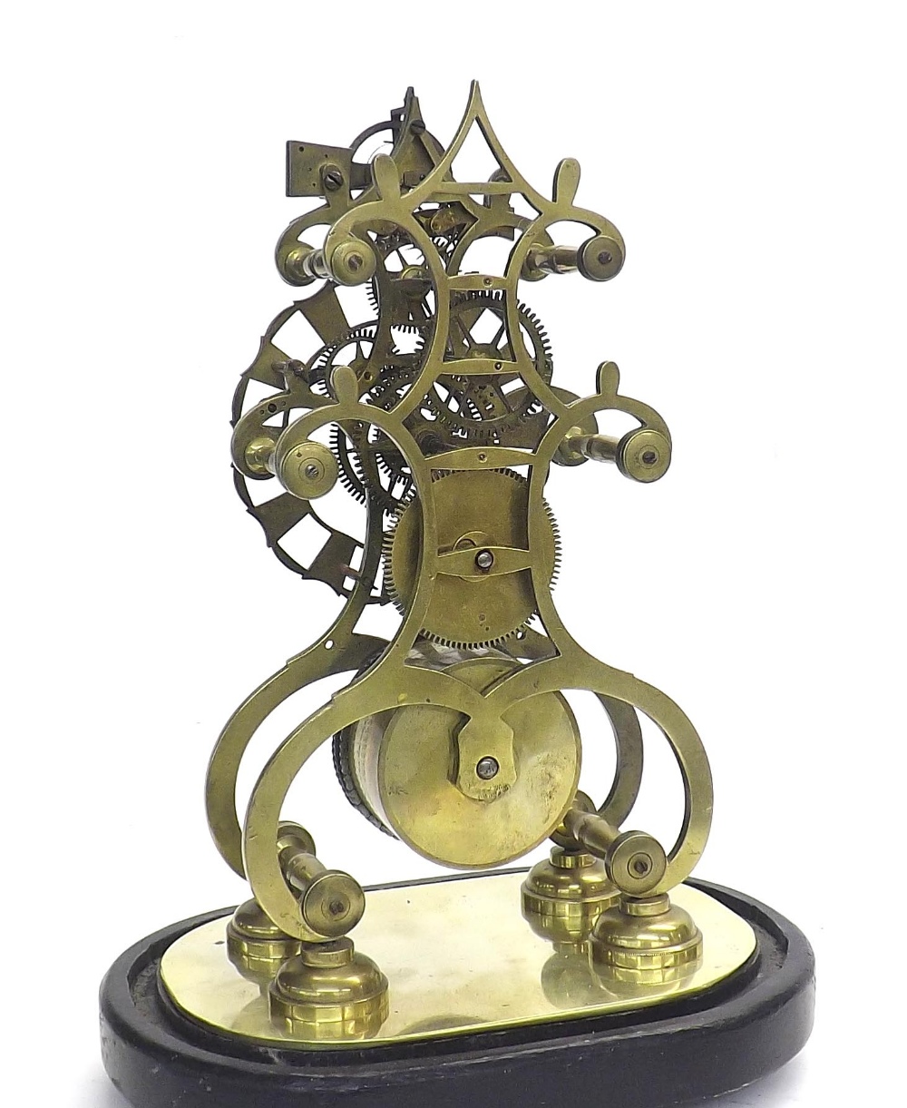 Interesting brass single fusee skeleton clock, with unusual balance type escapement, the 4" - Image 4 of 4