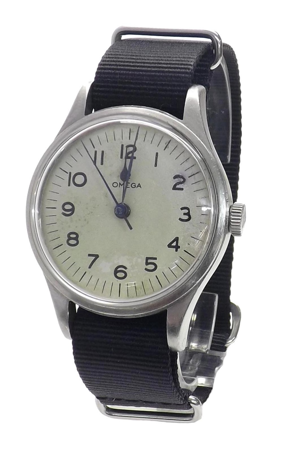 Omega RAF 1953 Military issue stainless steel gentleman's wristwatch, circular white dial with