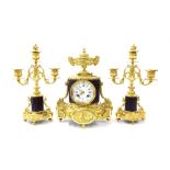 French ormolu and bronze two train mantel clock garniture, the movement with outside countwheel