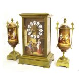 Brass and porcelain panelled two train mantel clock garniture striking on a gong, the front and side