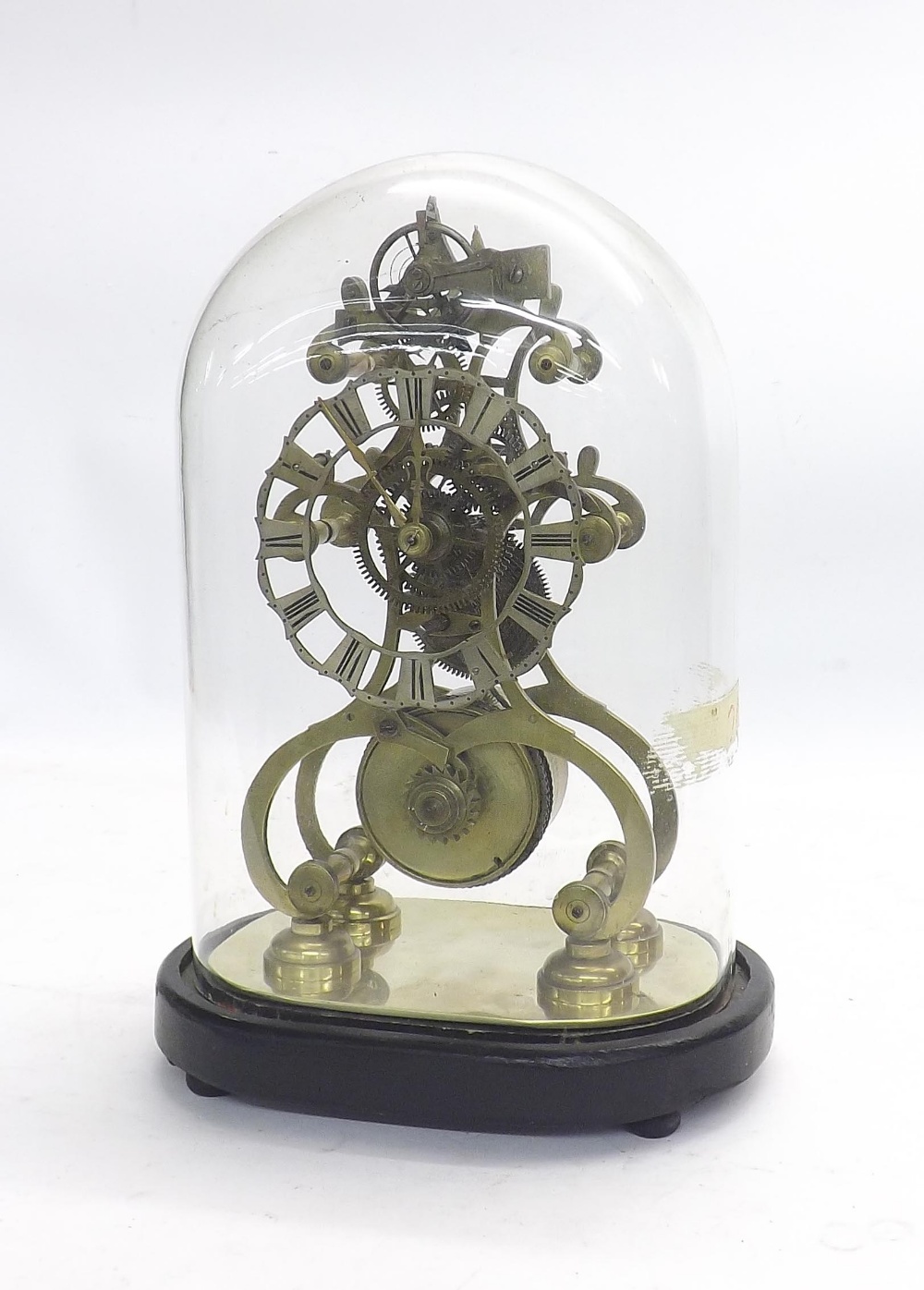 Interesting brass single fusee skeleton clock, with unusual balance type escapement, the 4"