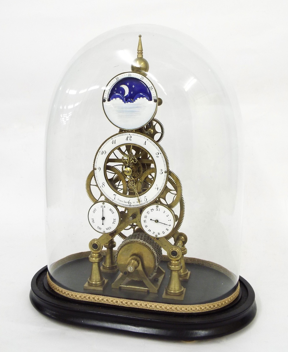 Contemporary brass single fusee skeleton mantel clock with pinwheel escapement, the 3.75"