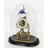 Contemporary brass single fusee skeleton mantel clock with pinwheel escapement, the 3.75"