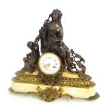 French white marble and bronzed two train figural mantel clock, the movement with outside countwheel