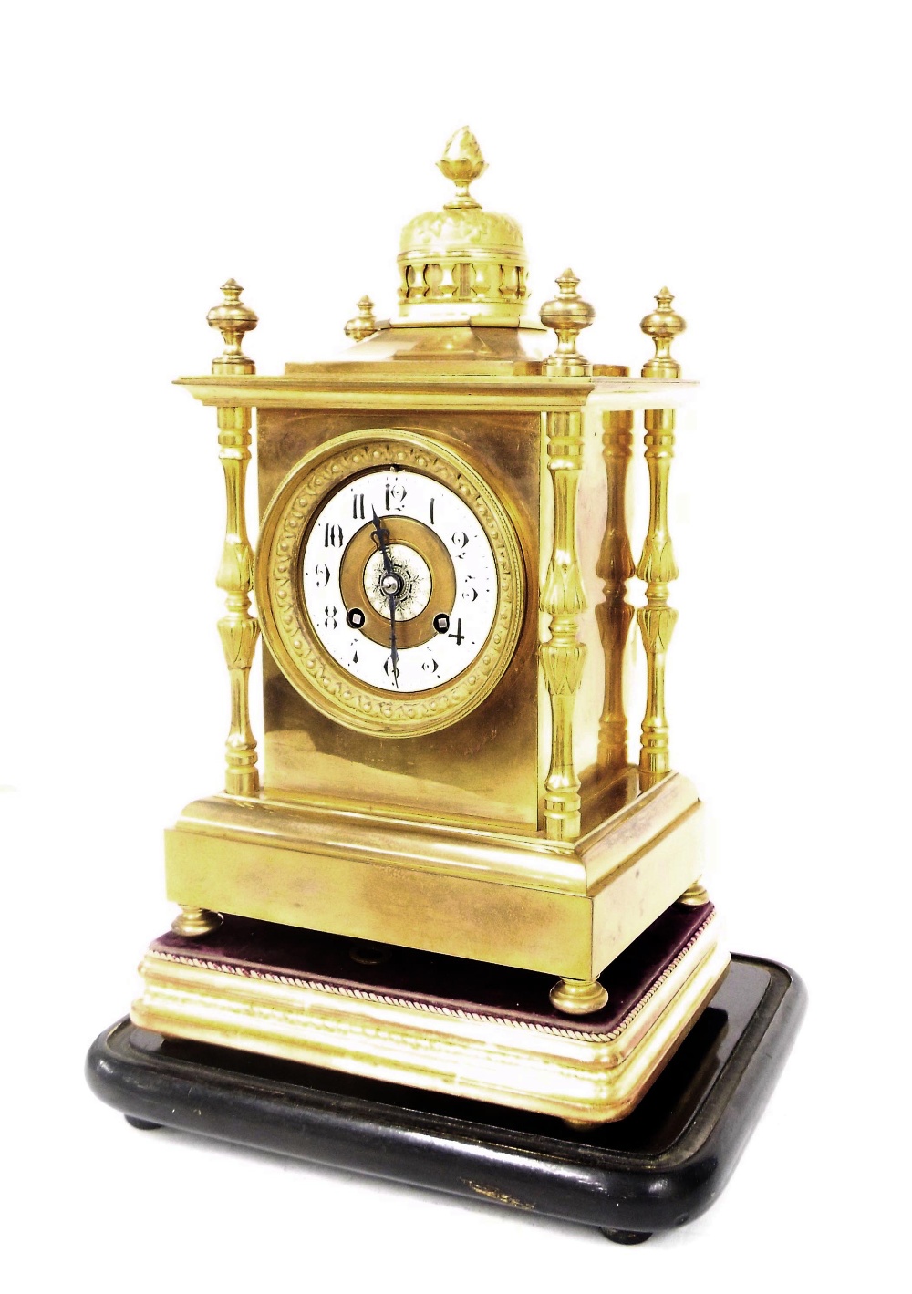 French brass two train mantel clock striking on a gong, the 3.25" cream chapter ring enclosing a - Image 2 of 3