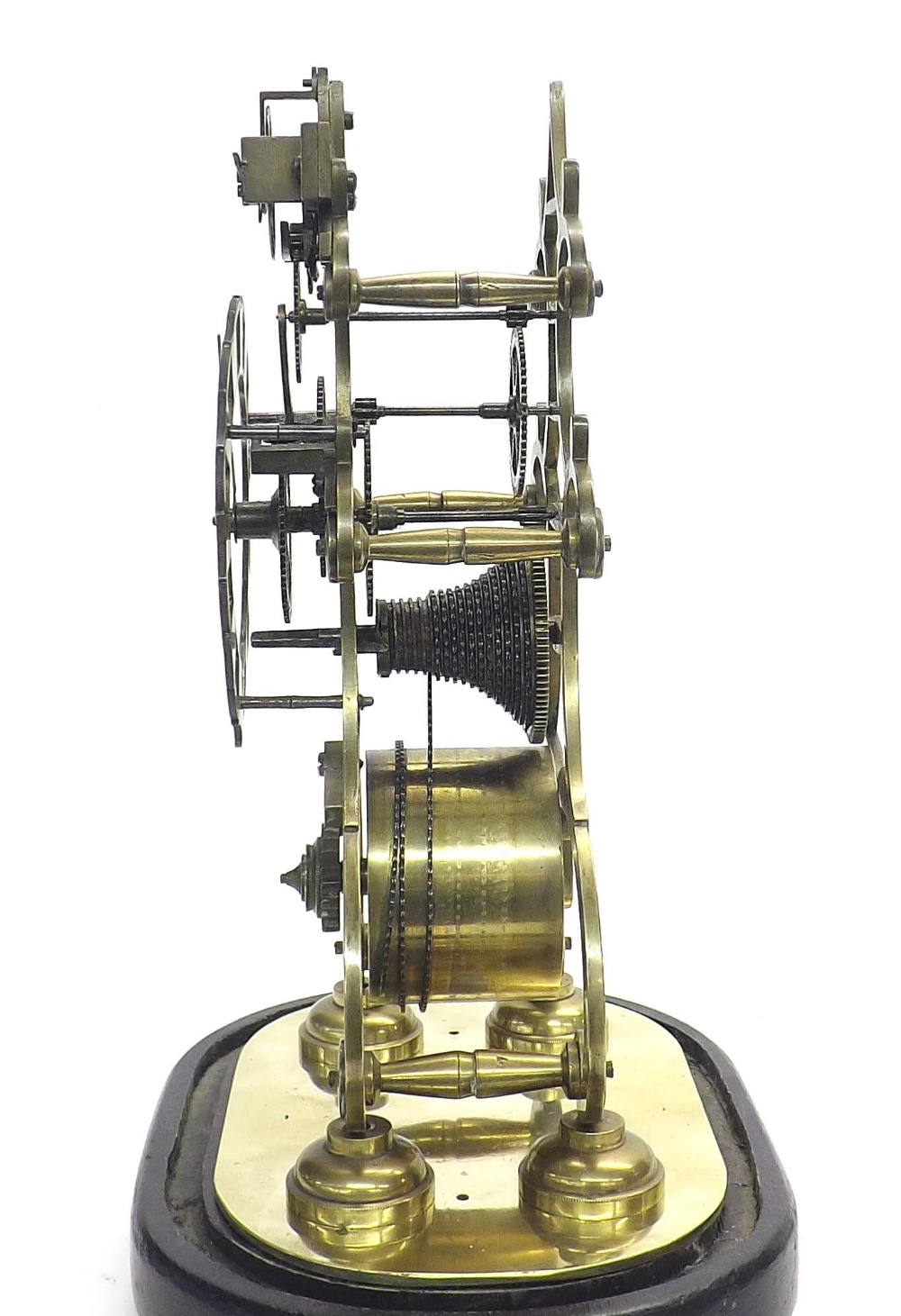 Interesting brass single fusee skeleton clock, with unusual balance type escapement, the 4" - Image 3 of 4