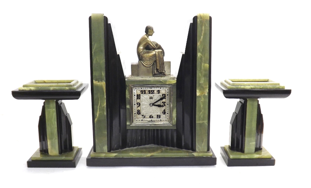 Good green onyx and black marble Art Deco Ato mantel clock garniture, the 4.5" square silvered