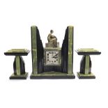 Good green onyx and black marble Art Deco Ato mantel clock garniture, the 4.5" square silvered