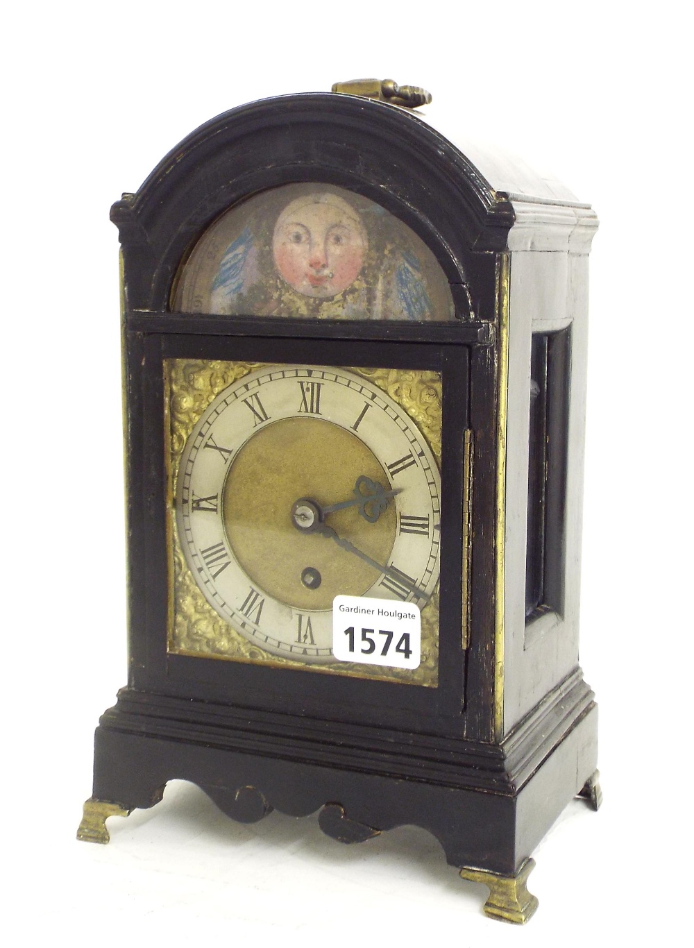 Small ebonised single fusee bracket clock, the 4" square brass dial within a rounded arched