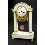 White marble two train portico mantel clock, the movement with outside countwheel striking on a