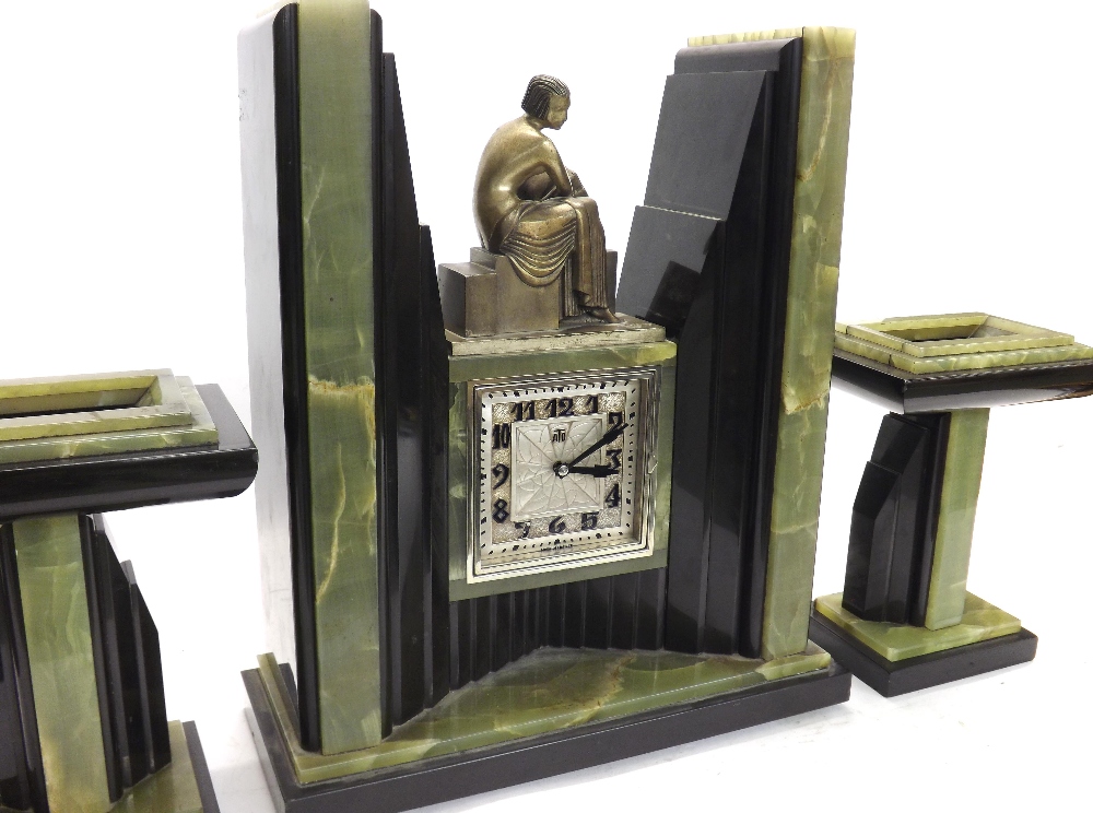 Good green onyx and black marble Art Deco Ato mantel clock garniture, the 4.5" square silvered - Image 2 of 4