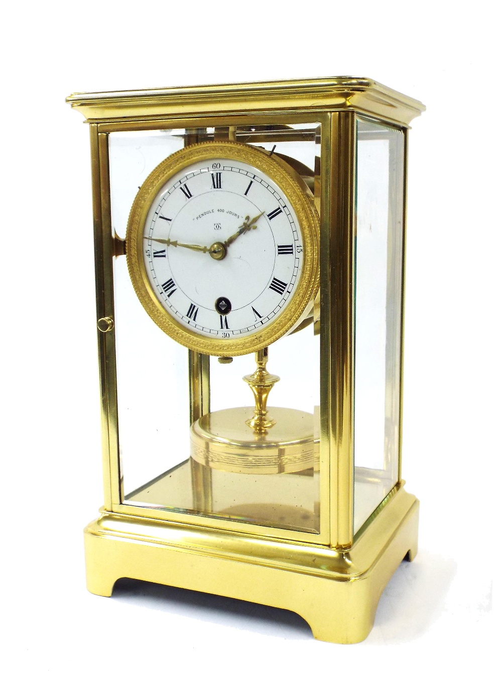 French brass torsion four glass mantel clock, the 3.5" white dial and back plate inscribed '