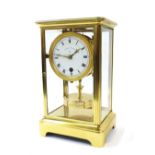 French brass torsion four glass mantel clock, the 3.5" white dial and back plate inscribed '