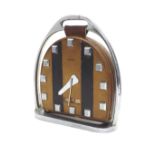Rare Le Coultre Art Deco leather and silvered metal stirrup clock timepiece with calendar, 5" high