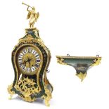 French green painted and gilt metal mounted balloon two train mantel clock with matching bracket,