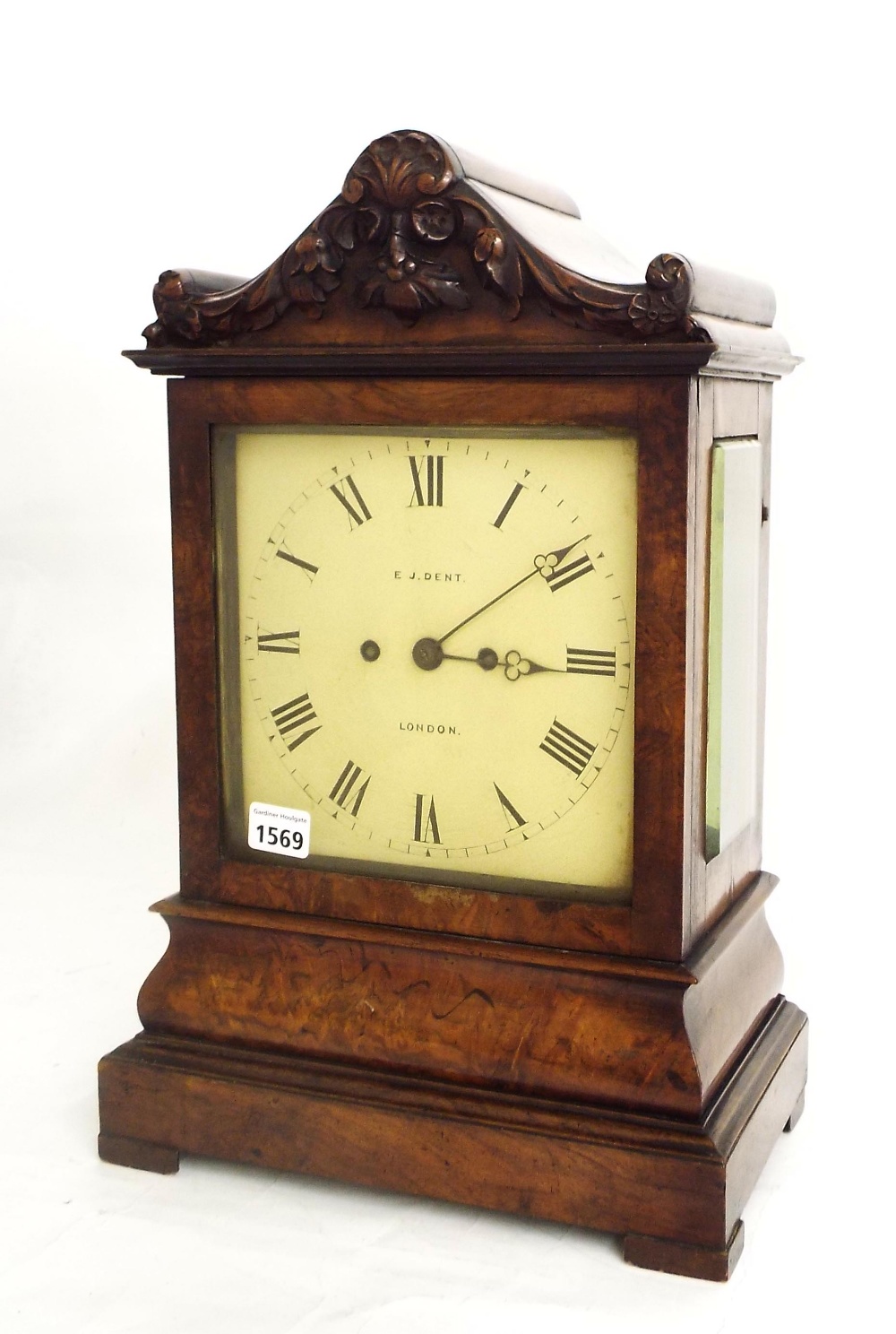 English walnut double fusee bracket clock striking on a bell, the 7.5" square dial signed E.J. Dent,