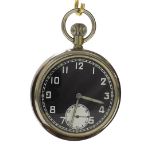 Record WWII Military issue nickel cased lever pocket watch, the black dial with Arabic numerals