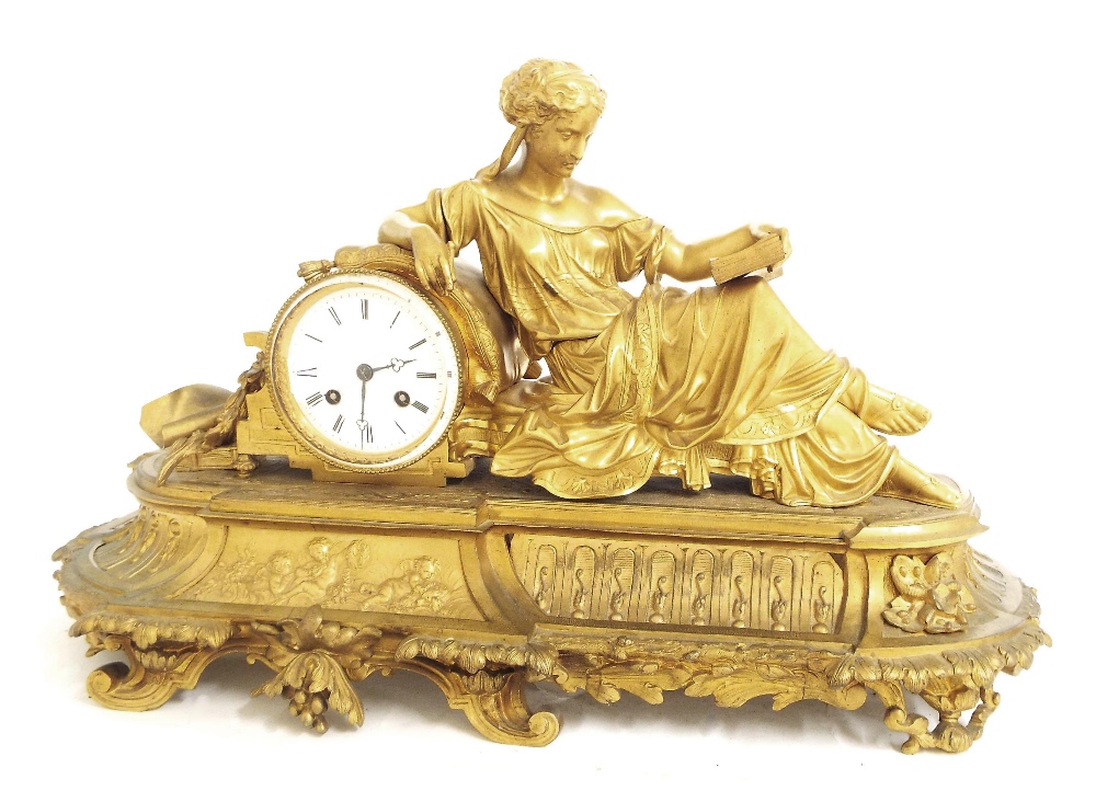 French gilt metal two train figural mantel clock, the movement with outside countwheel striking on a