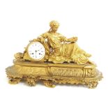 French gilt metal two train figural mantel clock, the movement with outside countwheel striking on a