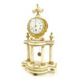French ormolu and white marble drumhead mantel clock timepiece, the 4" white dial within a