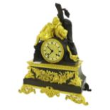 Bronze and ormolu two train figural mantel clock, the movement with outside countwheel striking on a
