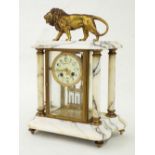 French white and dark veined marble two train portico and four glass mantel clock, the movement