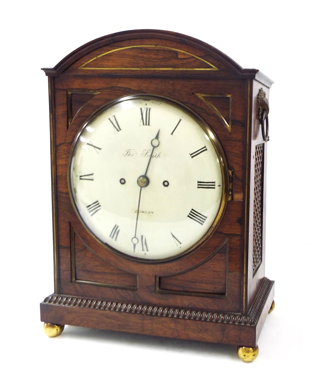 English rosewood double fusee bracket clock striking on a bell, the movement back plate signed