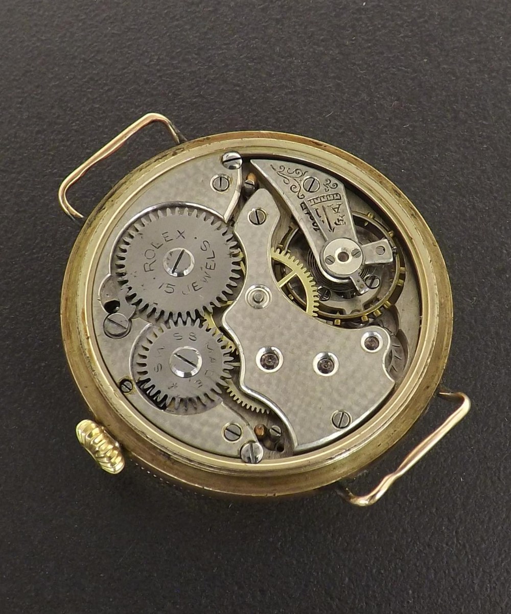 Rolex 9ct Military officer's trench wristwatch, import hallmarks for London 1915, the black dial - Image 3 of 3