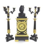 French Empire bronze and ormolu two train mantel clock garniture, the movement with outside