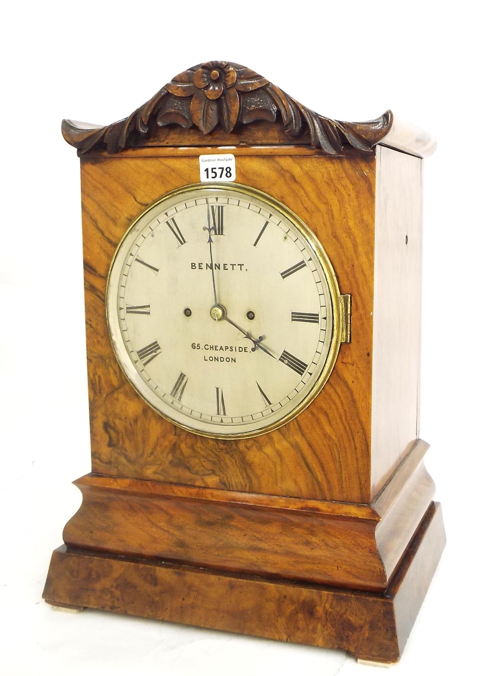 English walnut double fusee bracket clock striking on a bell, the 8" silvered dial signed Bennett,