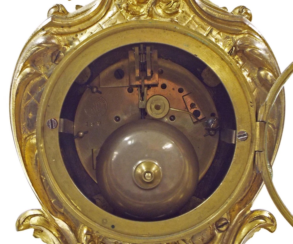 French ormolu and cloisonne two train mantel clock striking on a bell, the 3.5" gilded chapter - Image 3 of 3