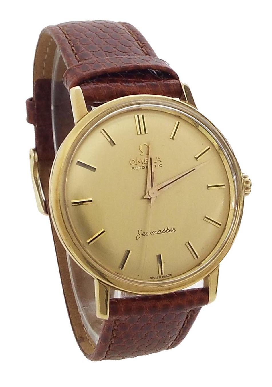 Omega Seamaster automatic 18ct gentleman's wristwatch, circular gilt dial with baton markers,