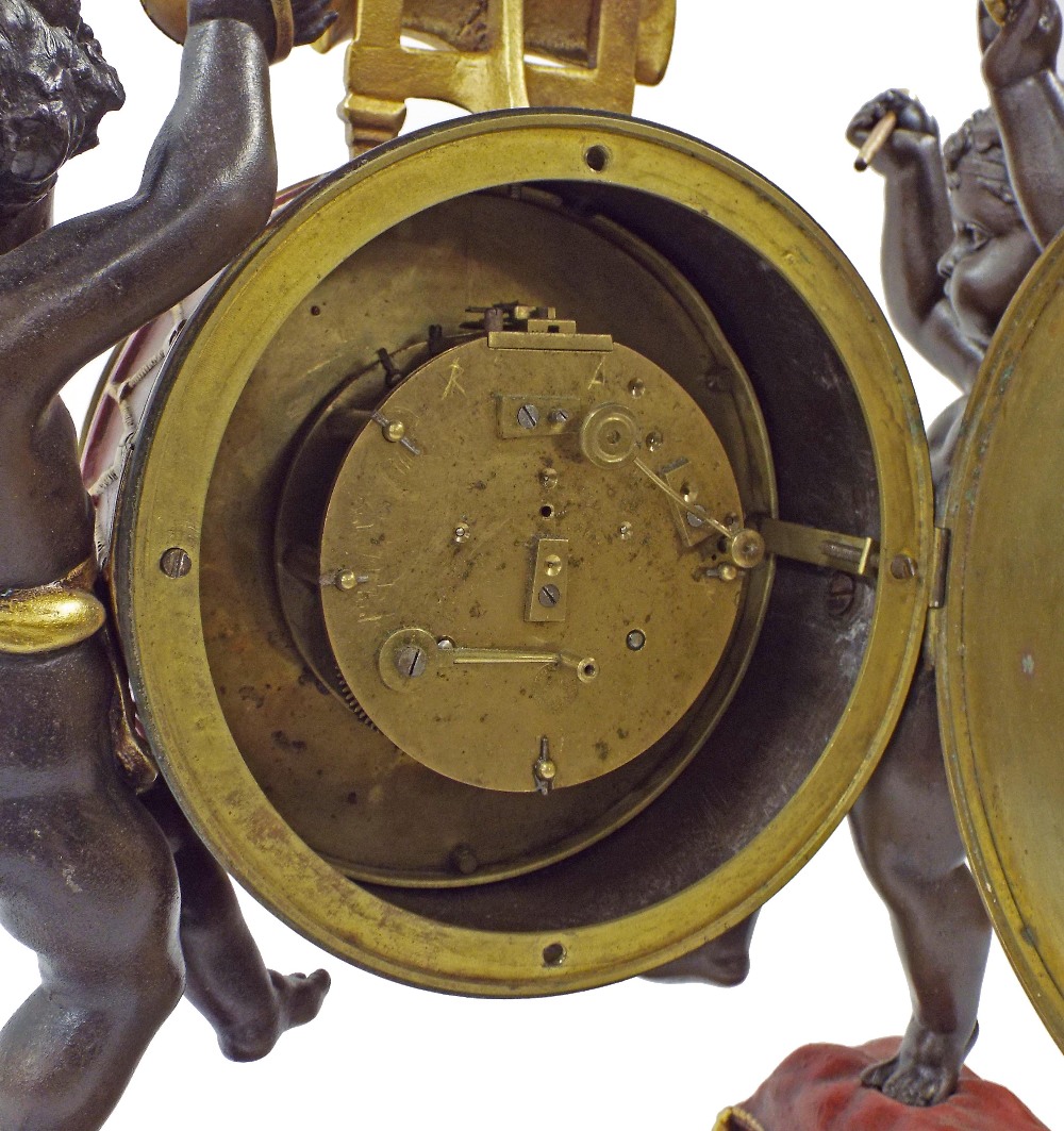 Decorative novelty two train mantel clock, the 5" white dial within a musical drum casing attended - Image 2 of 3