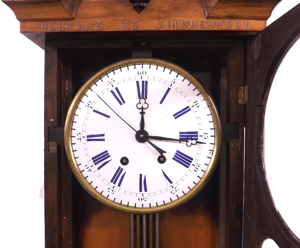 Good large walnut two train Vienna wall clock, the 11" convex white dial with centre seconds over an - Image 2 of 4