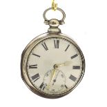 English silver rack lever pair cased pocket watch, London 1819, unsigned fusee movement with plain