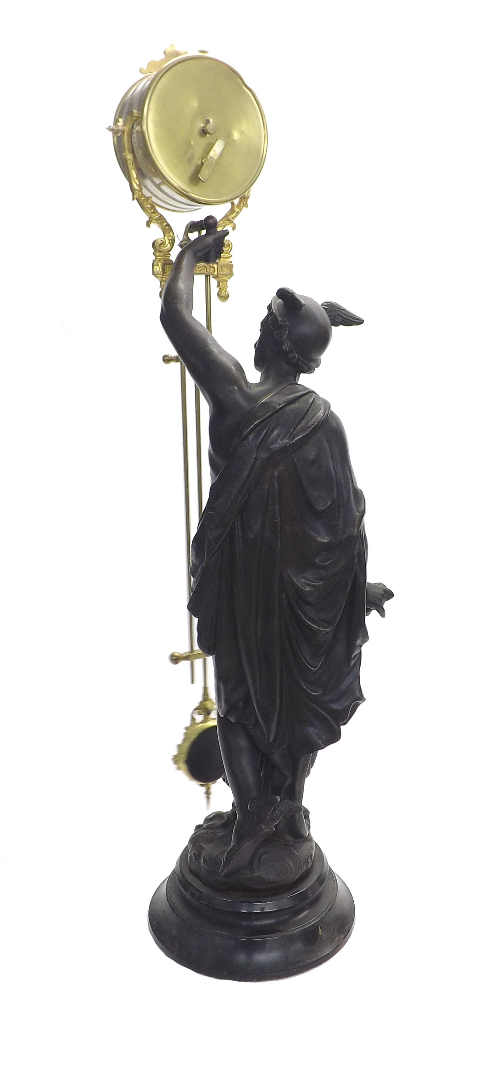 Spelter figural swinging mystery clock, the 3.75" dial signed Dubuc a Paris, within a drumhead - Image 2 of 2