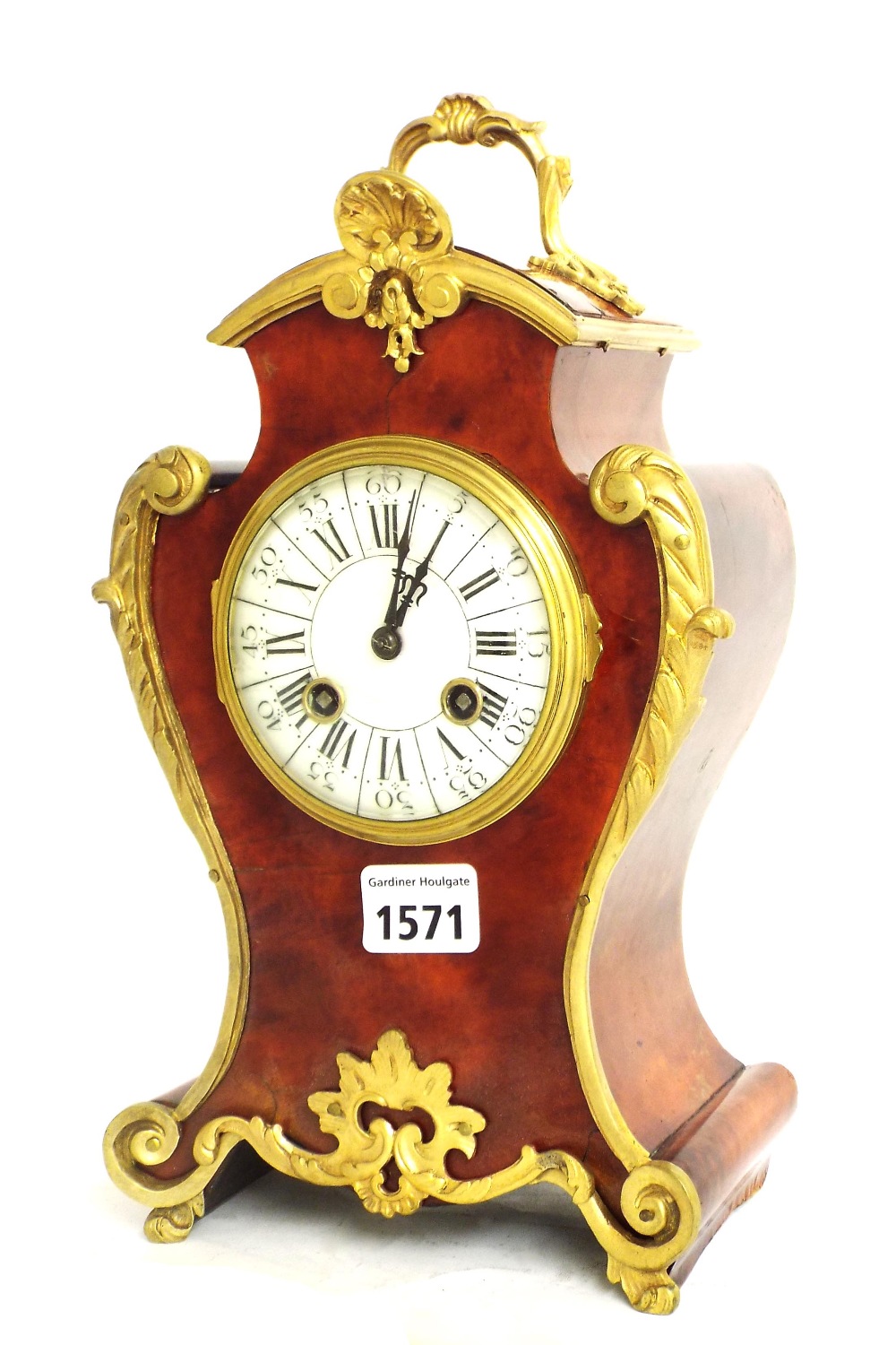 French tortoiseshell two train balloon mantel clock striking on a gong, the 3.5" dial within a