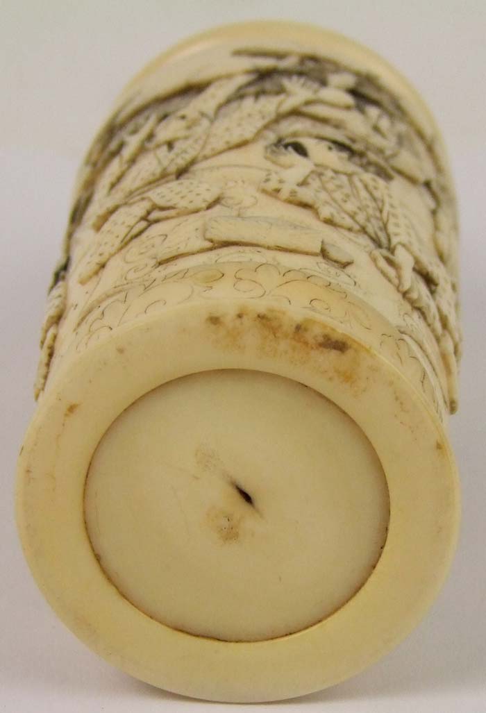 A Japanese carved ivory cylindrical box, the cover with monkey finial, and carved all round with - Image 3 of 3