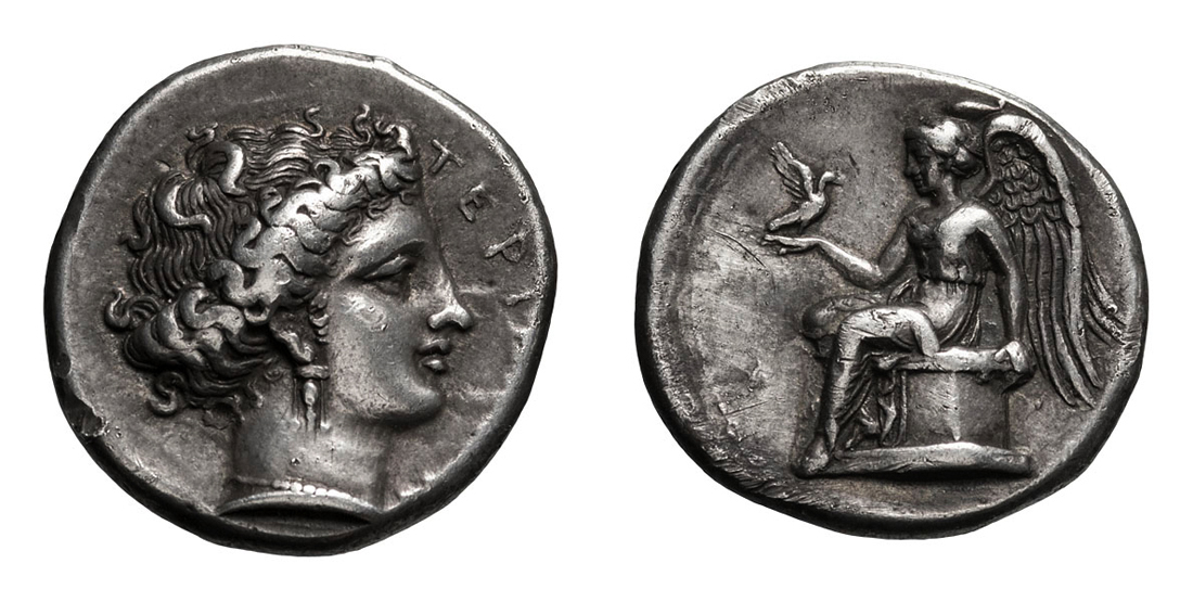 Magnificent Terina Bruttium. Terina.  c. 400-370 BC. Nomos, 7.67g (2h). Obv: ???????O? Head of nymph
