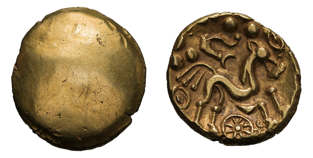 Atrebates & Regni.  c. 55-45 BC. AV Stater, 5.87g Obv: Plain. Rx: Stylized, mane-less horse with